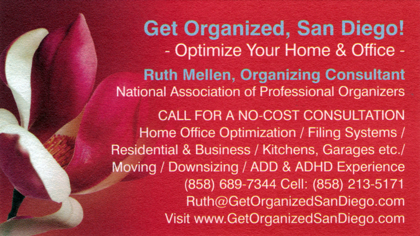 Business calling card: Ruth Mellen, Professional Organizer
